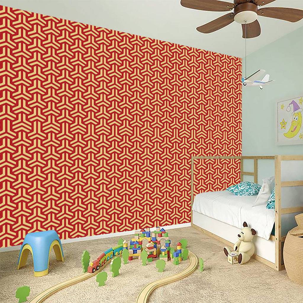 Beige And Red Japanese Pattern Print Wall Sticker