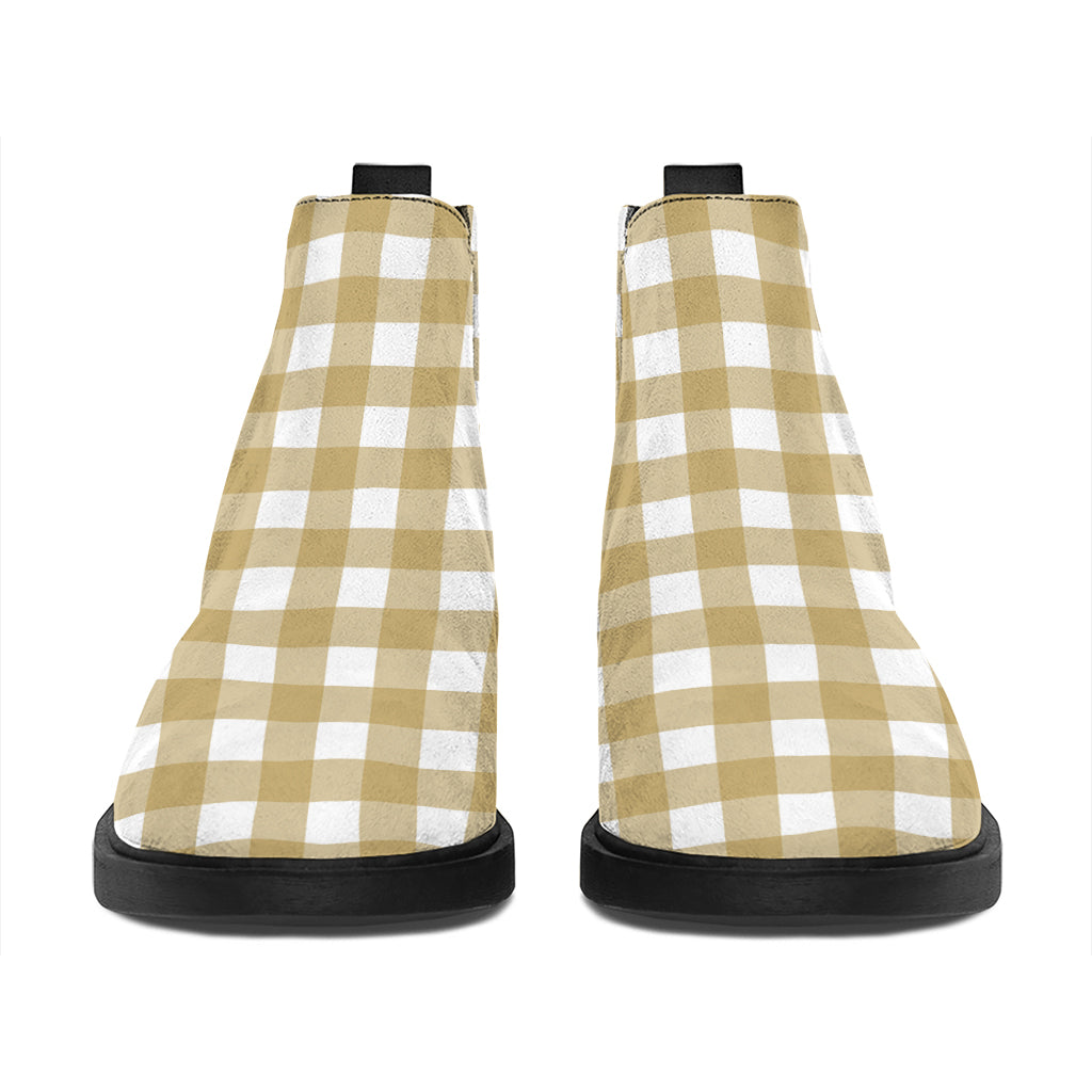 Beige And White Check Pattern Print Flat Ankle Boots