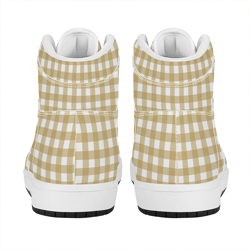 Beige And White Check Pattern Print High Top Leather Sneakers