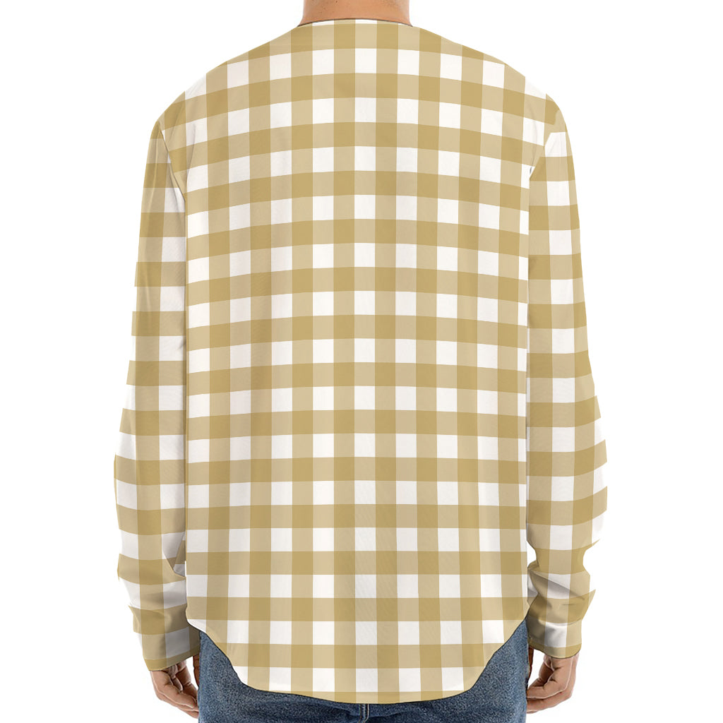 Beige And White Check Pattern Print Long Sleeve Baseball Jersey