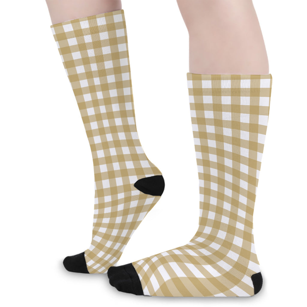 Beige And White Check Pattern Print Long Socks