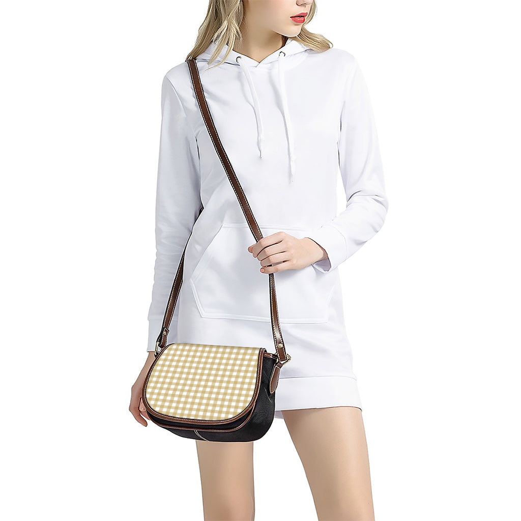 Beige And White Check Pattern Print Saddle Bag