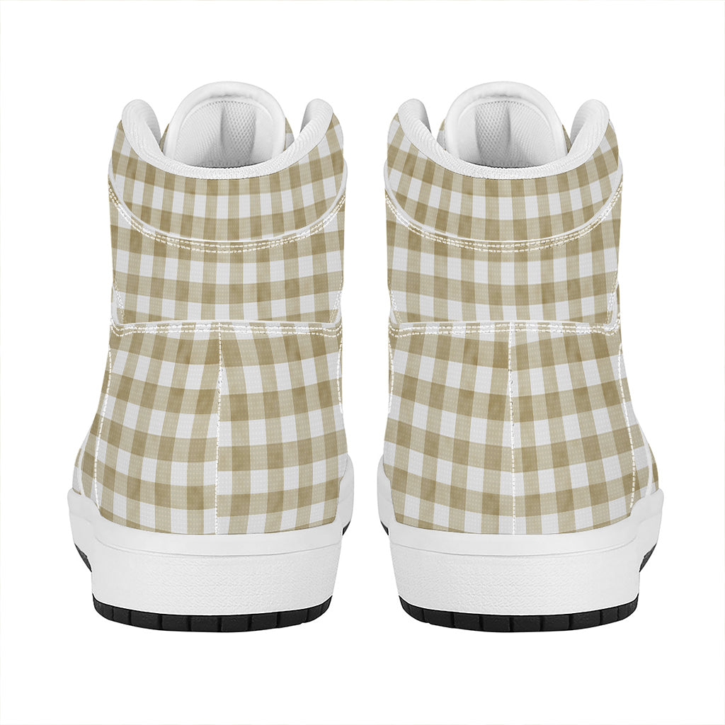 Beige And White Gingham Pattern Print High Top Leather Sneakers