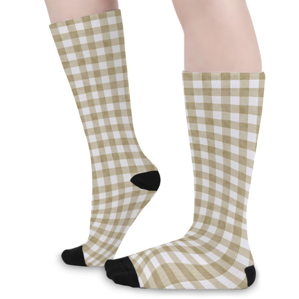 Beige And White Gingham Pattern Print Long Socks