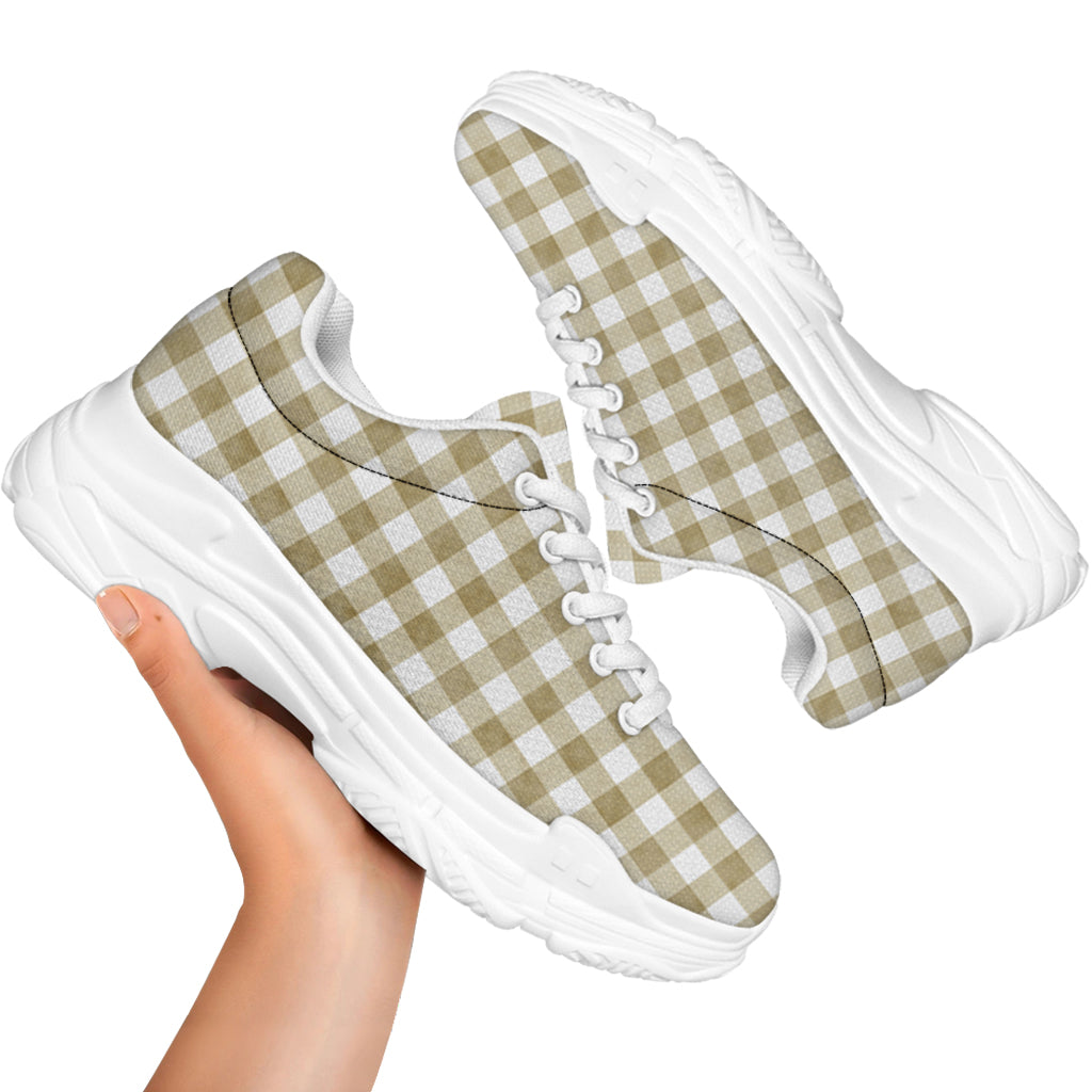 Beige And White Gingham Pattern Print White Chunky Shoes