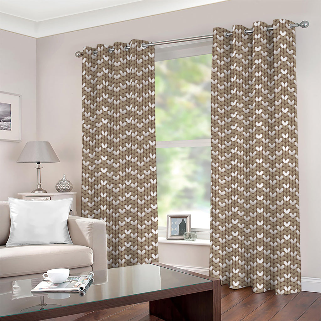 Beige And White Knitted Pattern Print Grommet Curtains