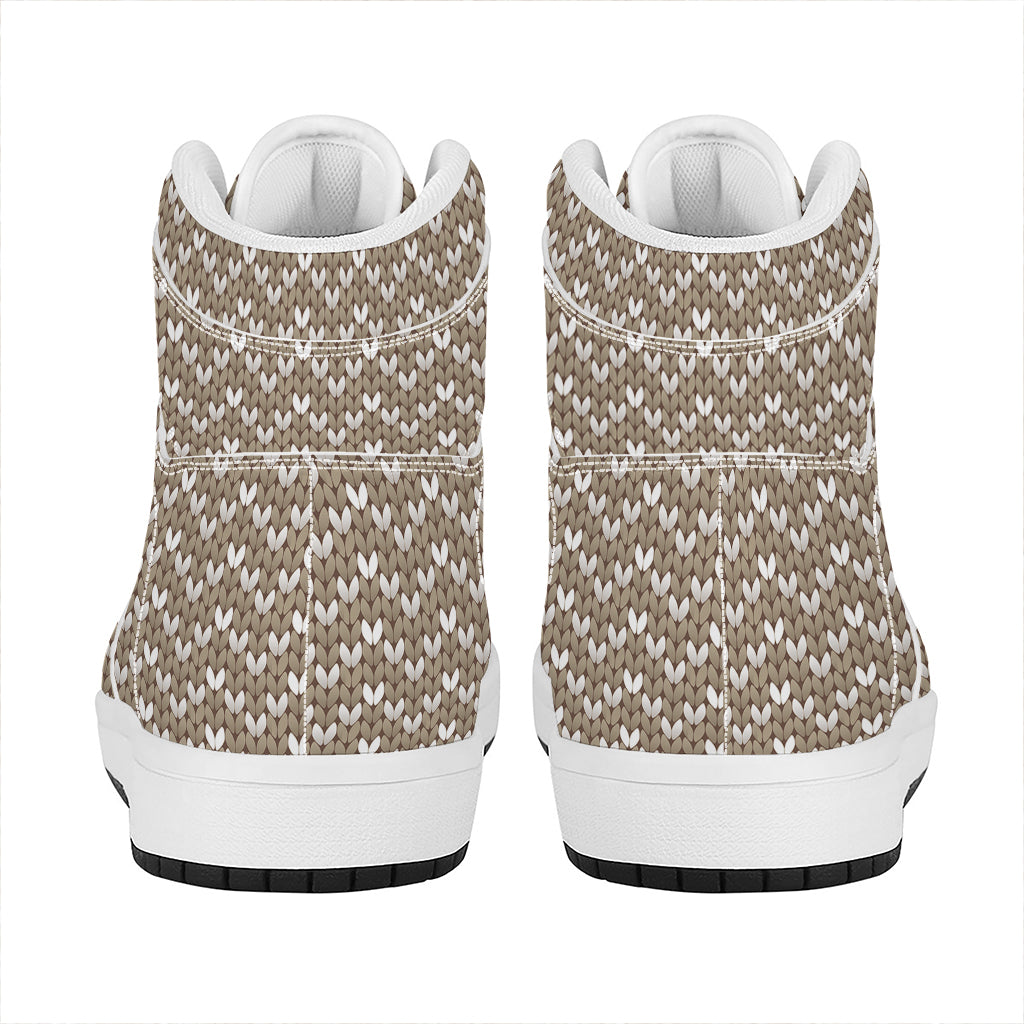 Beige And White Knitted Pattern Print High Top Leather Sneakers
