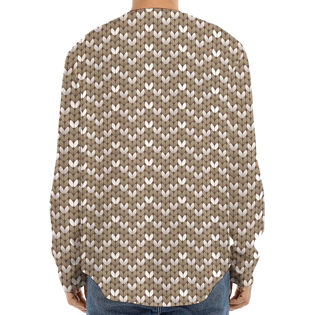 Beige And White Knitted Pattern Print Long Sleeve Baseball Jersey