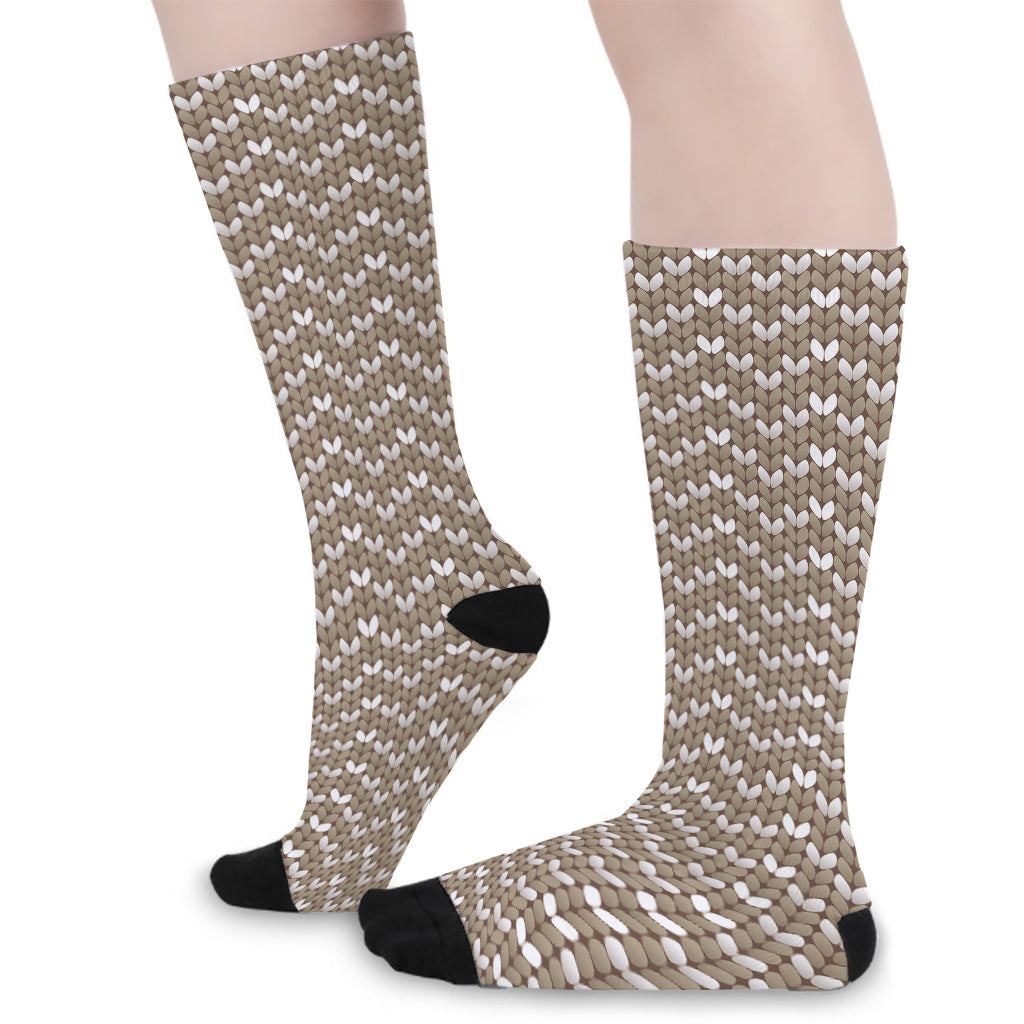 Beige And White Knitted Pattern Print Long Socks