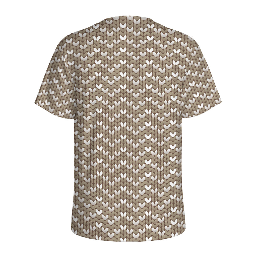Beige And White Knitted Pattern Print Men's Sports T-Shirt