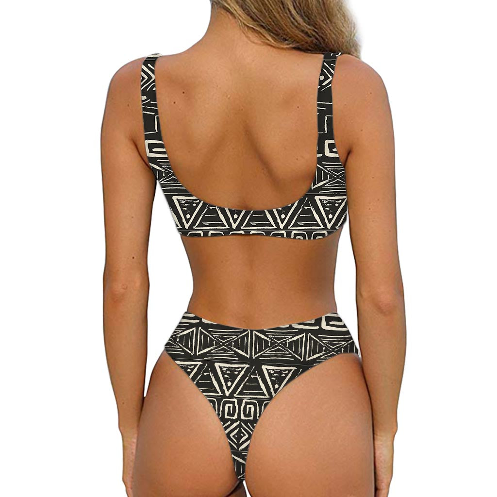 Beige Aztec Pattern Print Front Bow Tie Bikini