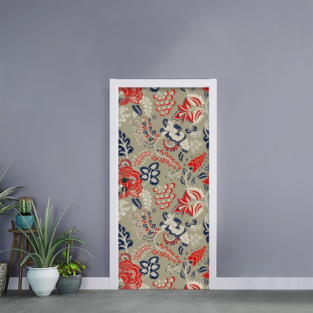 Beige Bohemian Floral Pattern Print Door Sticker