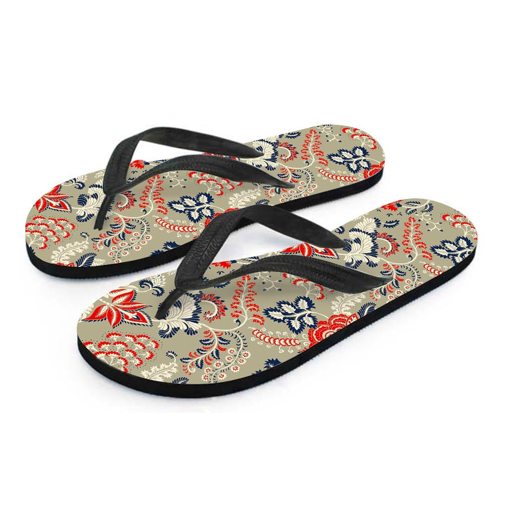 Beige Bohemian Floral Pattern Print Flip Flops