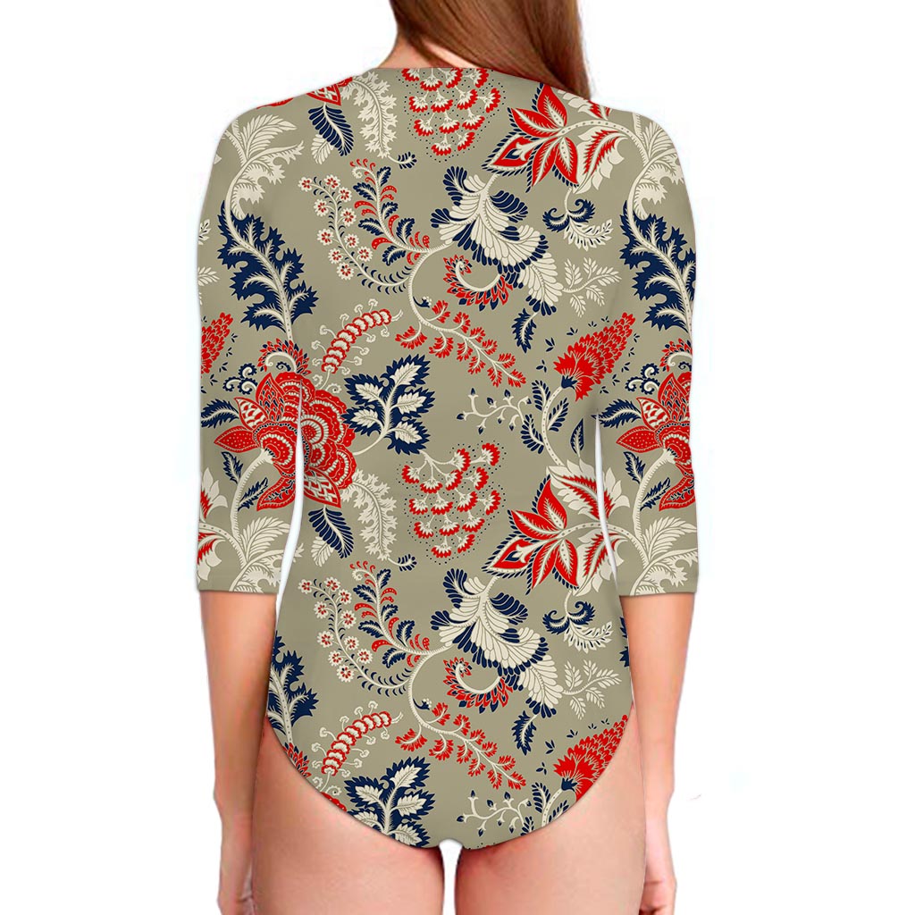 Beige Bohemian Floral Pattern Print Long Sleeve Swimsuit
