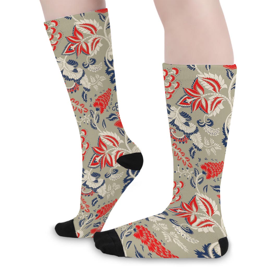 Beige Bohemian Floral Pattern Print Long Socks