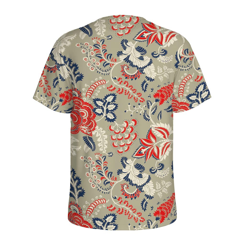 Beige Bohemian Floral Pattern Print Men's Sports T-Shirt