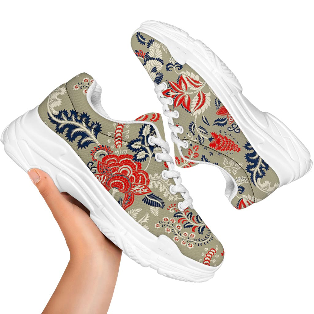 Beige Bohemian Floral Pattern Print White Chunky Shoes