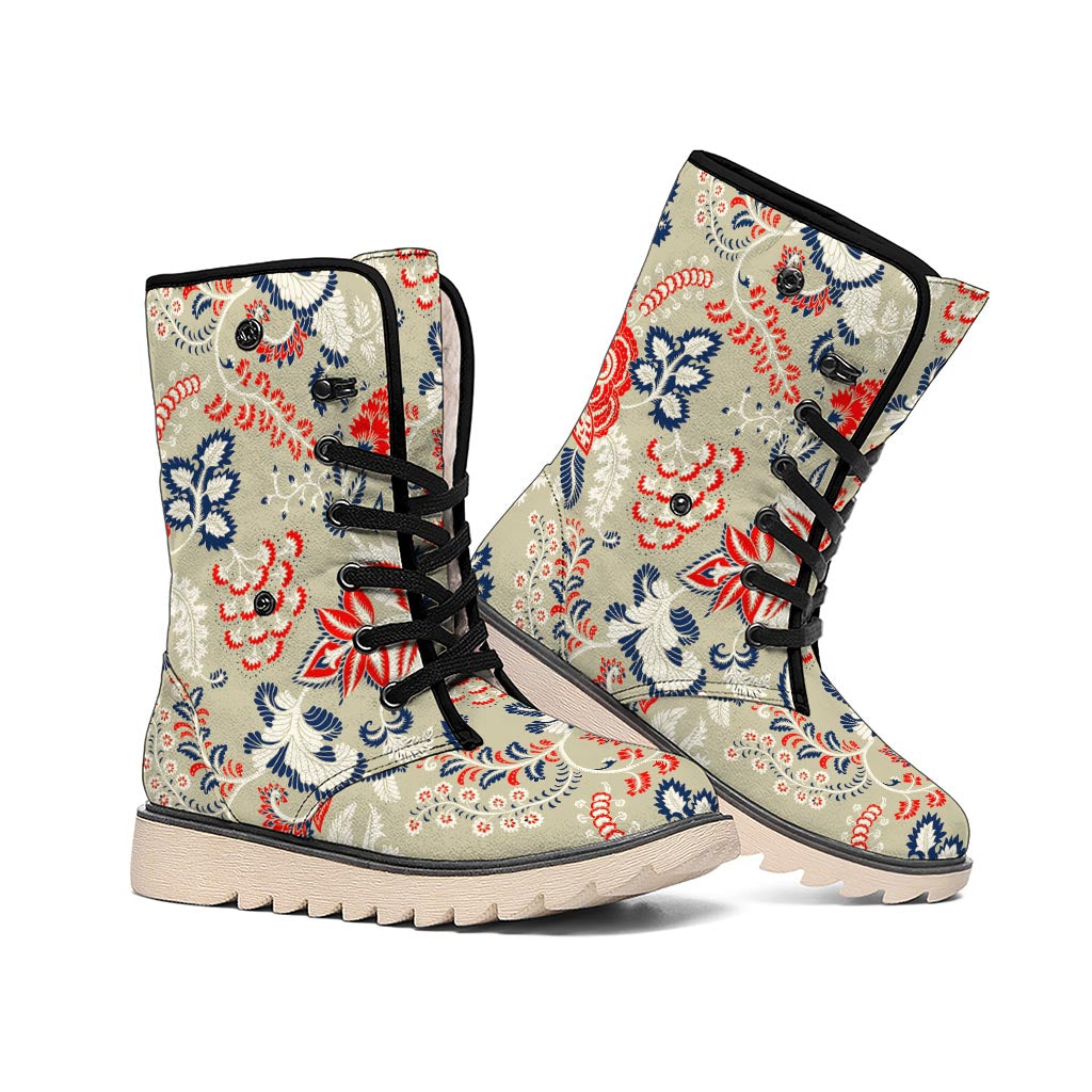 Beige Bohemian Floral Pattern Print Winter Boots