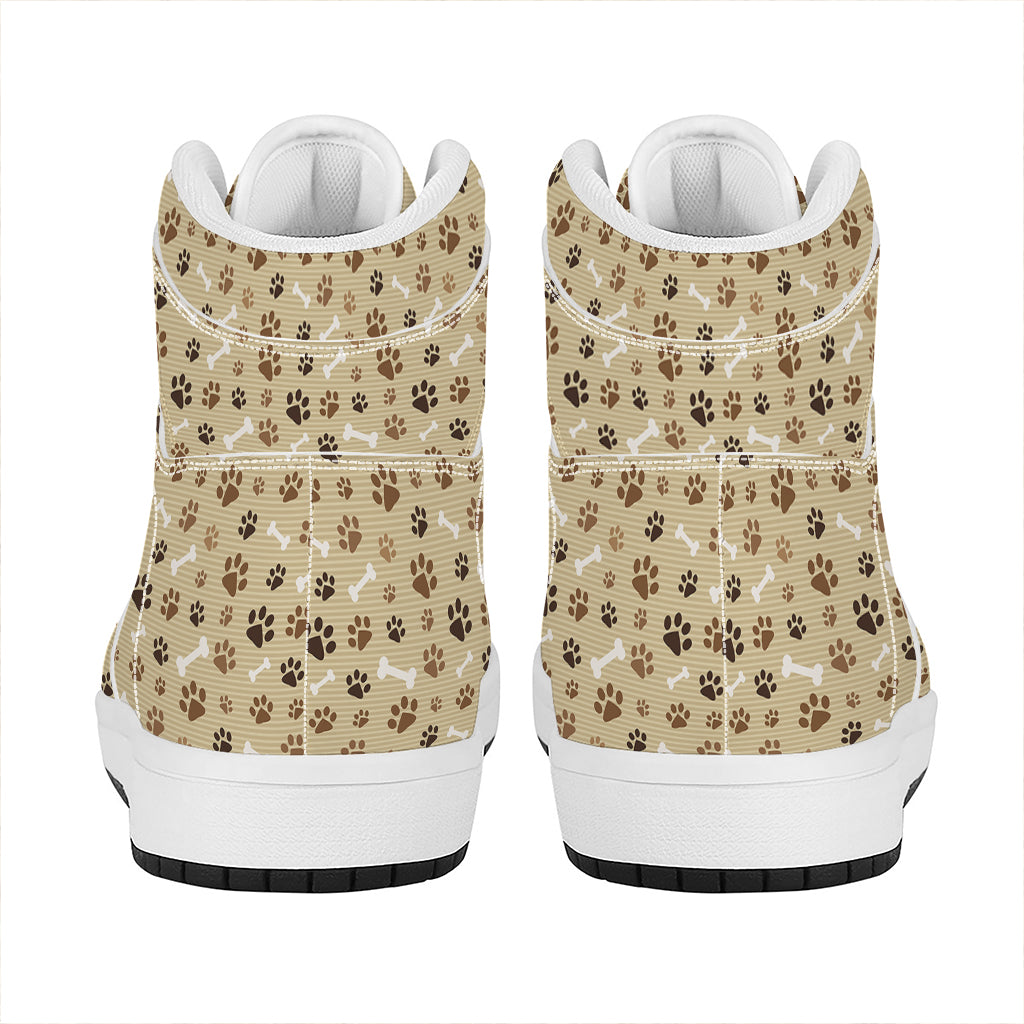 Beige Paw And Bone Pattern Print High Top Leather Sneakers