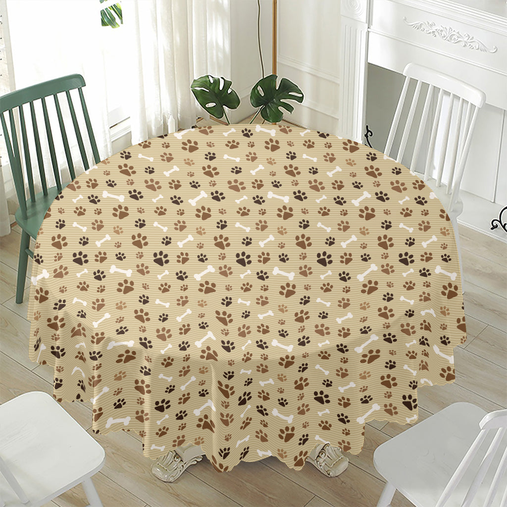 Beige Paw And Bone Pattern Print Waterproof Round Tablecloth