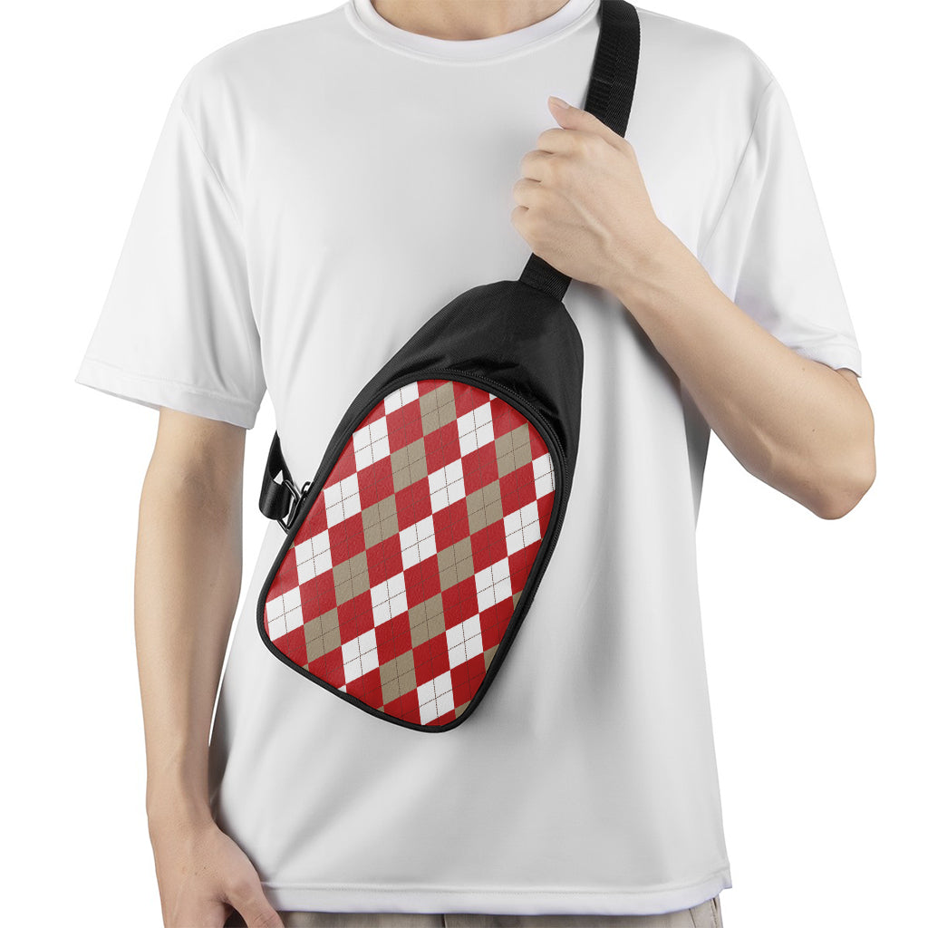 Beige Red And White Argyle Pattern Print Chest Bag