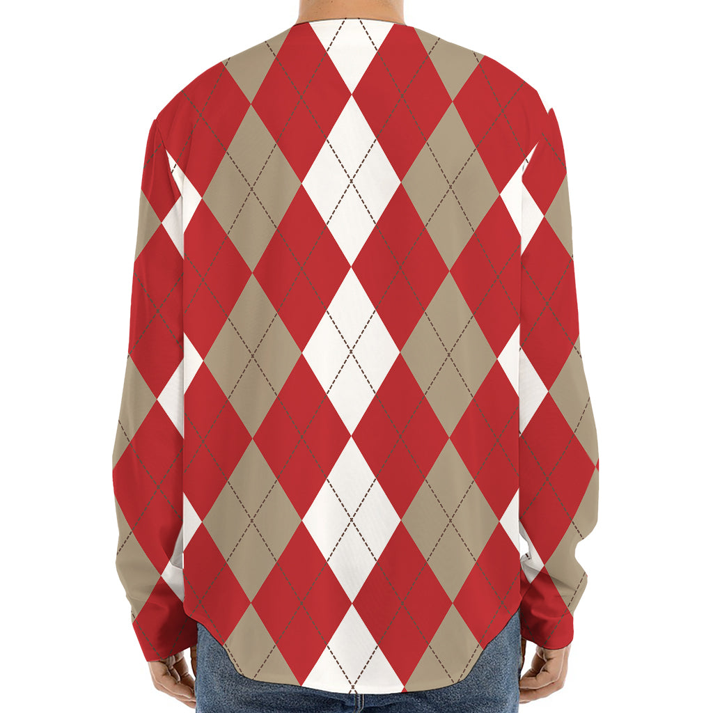 Beige Red And White Argyle Pattern Print Long Sleeve Baseball Jersey