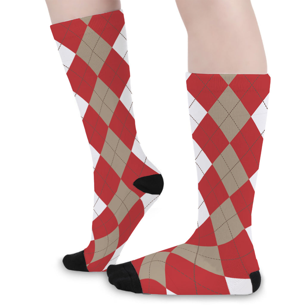 Beige Red And White Argyle Pattern Print Long Socks