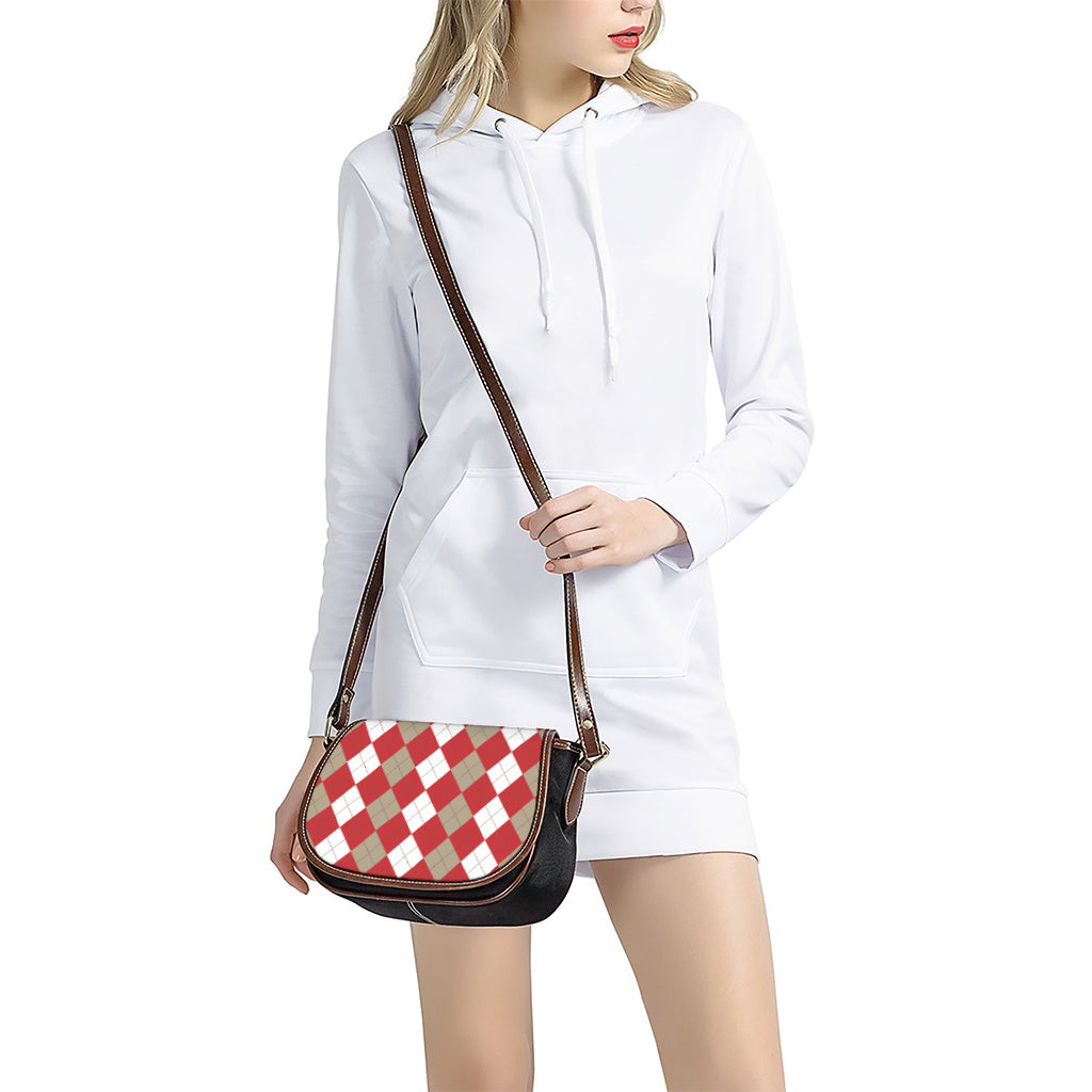 Beige Red And White Argyle Pattern Print Saddle Bag