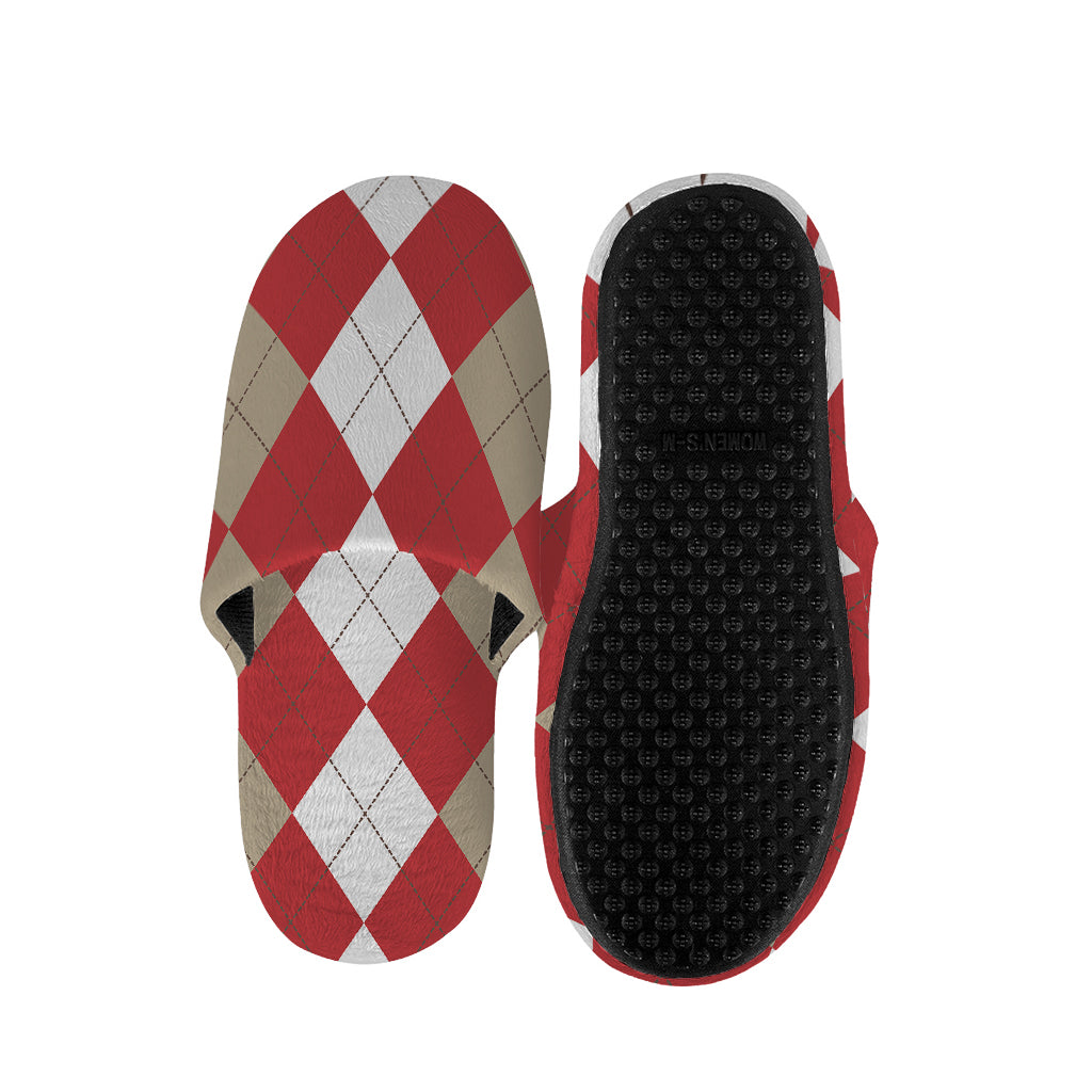Beige Red And White Argyle Pattern Print Slippers