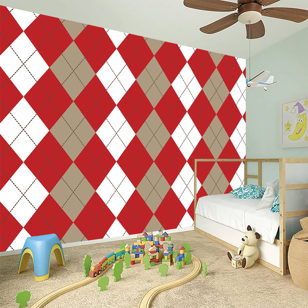 Beige Red And White Argyle Pattern Print Wall Sticker