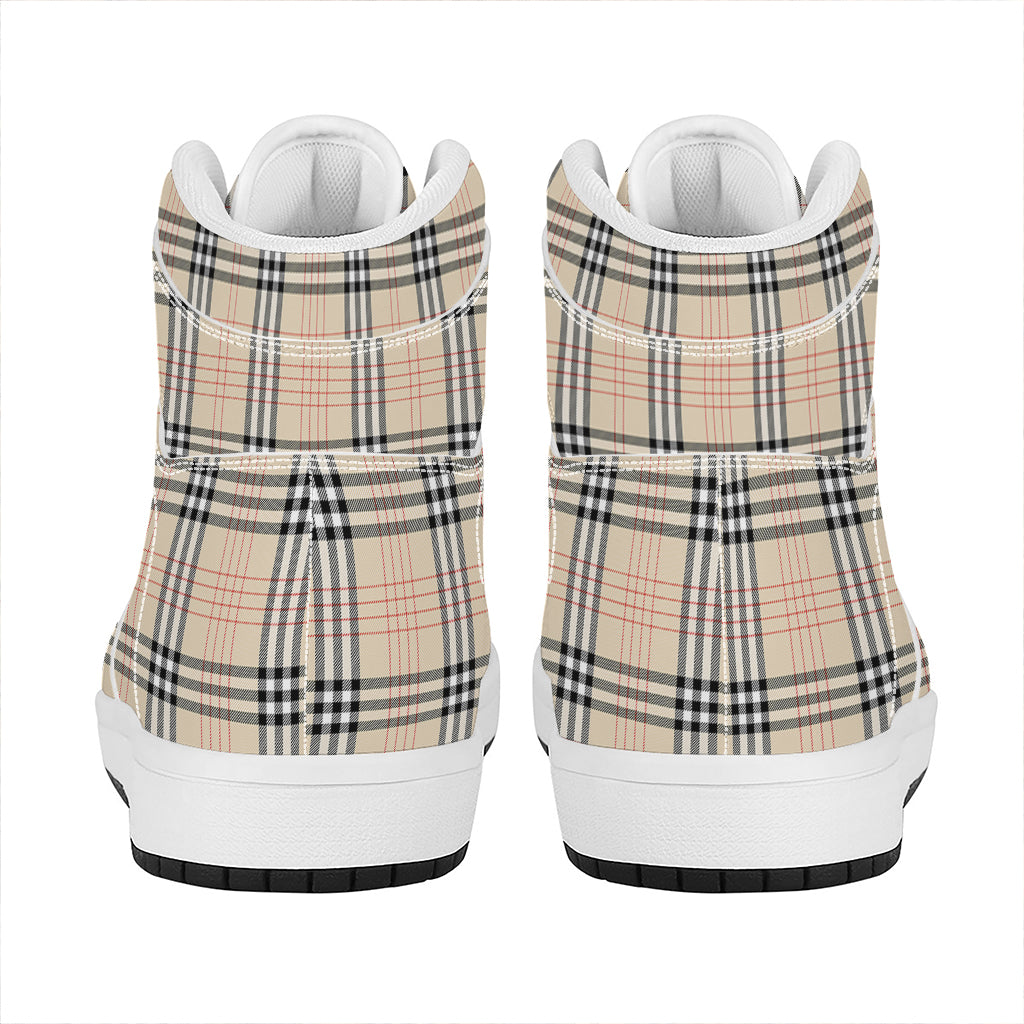 Beige Tartan Pattern Print High Top Leather Sneakers
