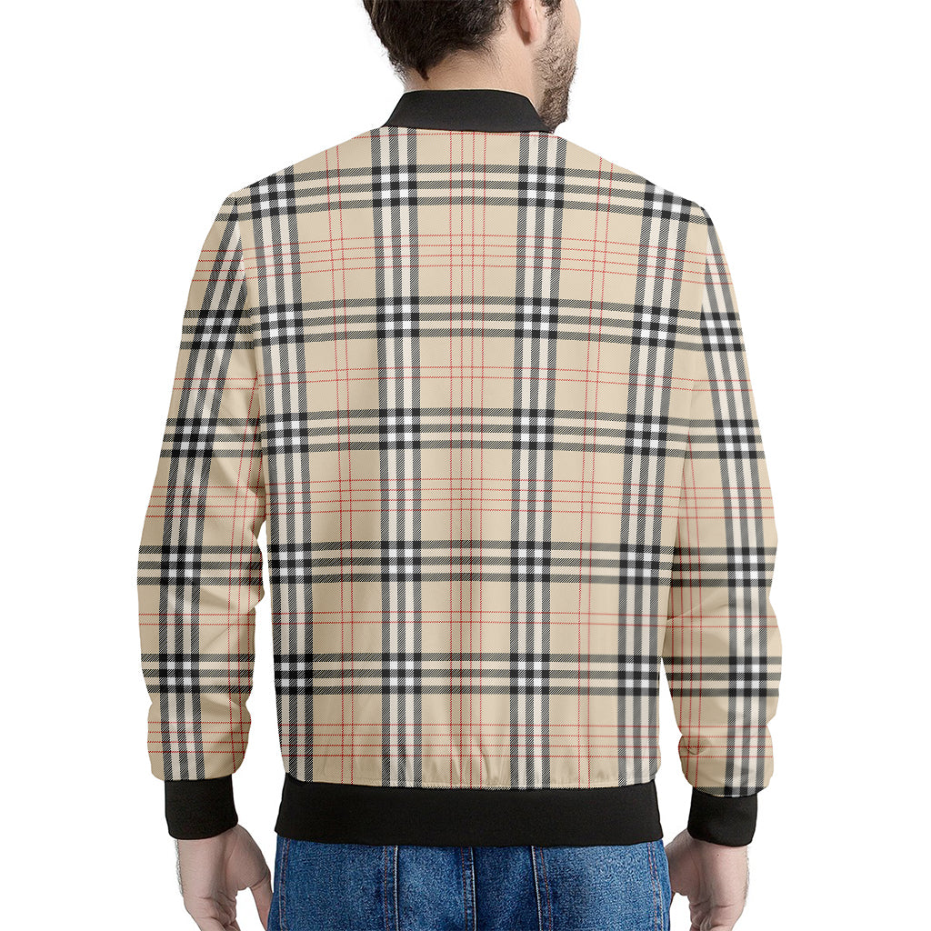 Beige Tartan Pattern Print Men's Bomber Jacket