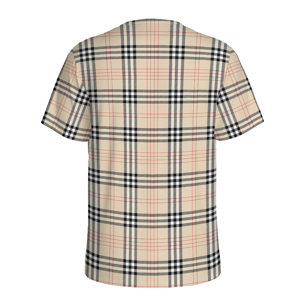Beige Tartan Pattern Print Men's Sports T-Shirt