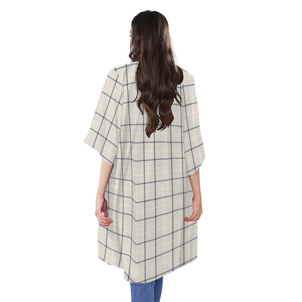 Beige Tattersall Pattern Print Open Front Beach Cover Up