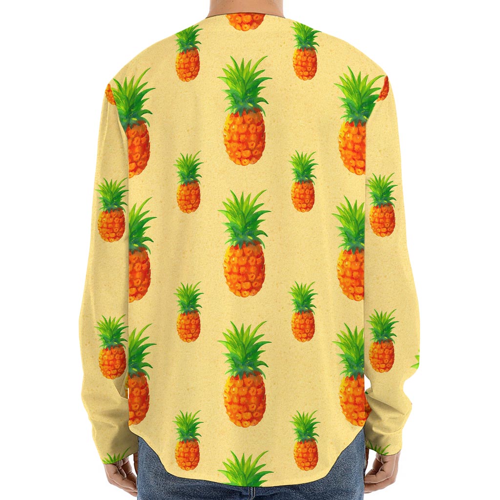 Beige Watercolor Pineapple Pattern Print Long Sleeve Baseball Jersey