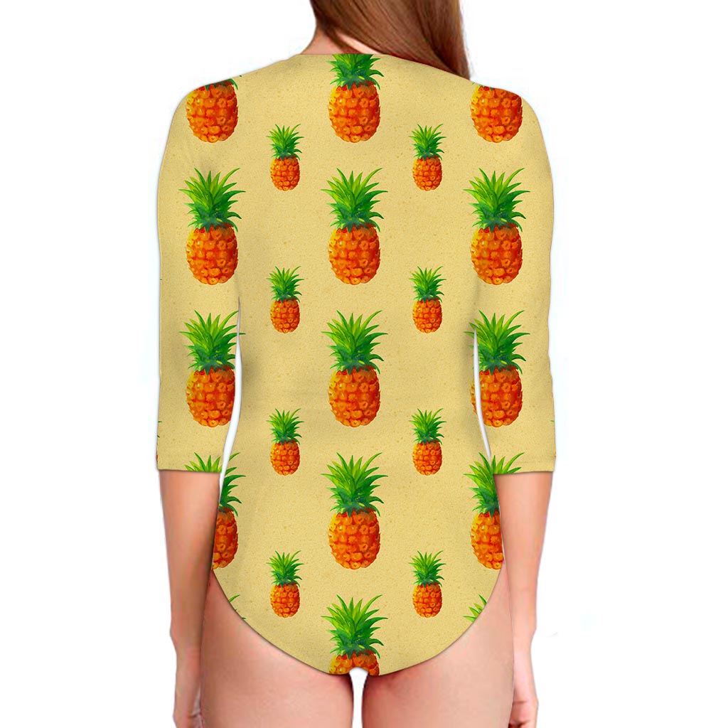 Beige Watercolor Pineapple Pattern Print Long Sleeve Swimsuit