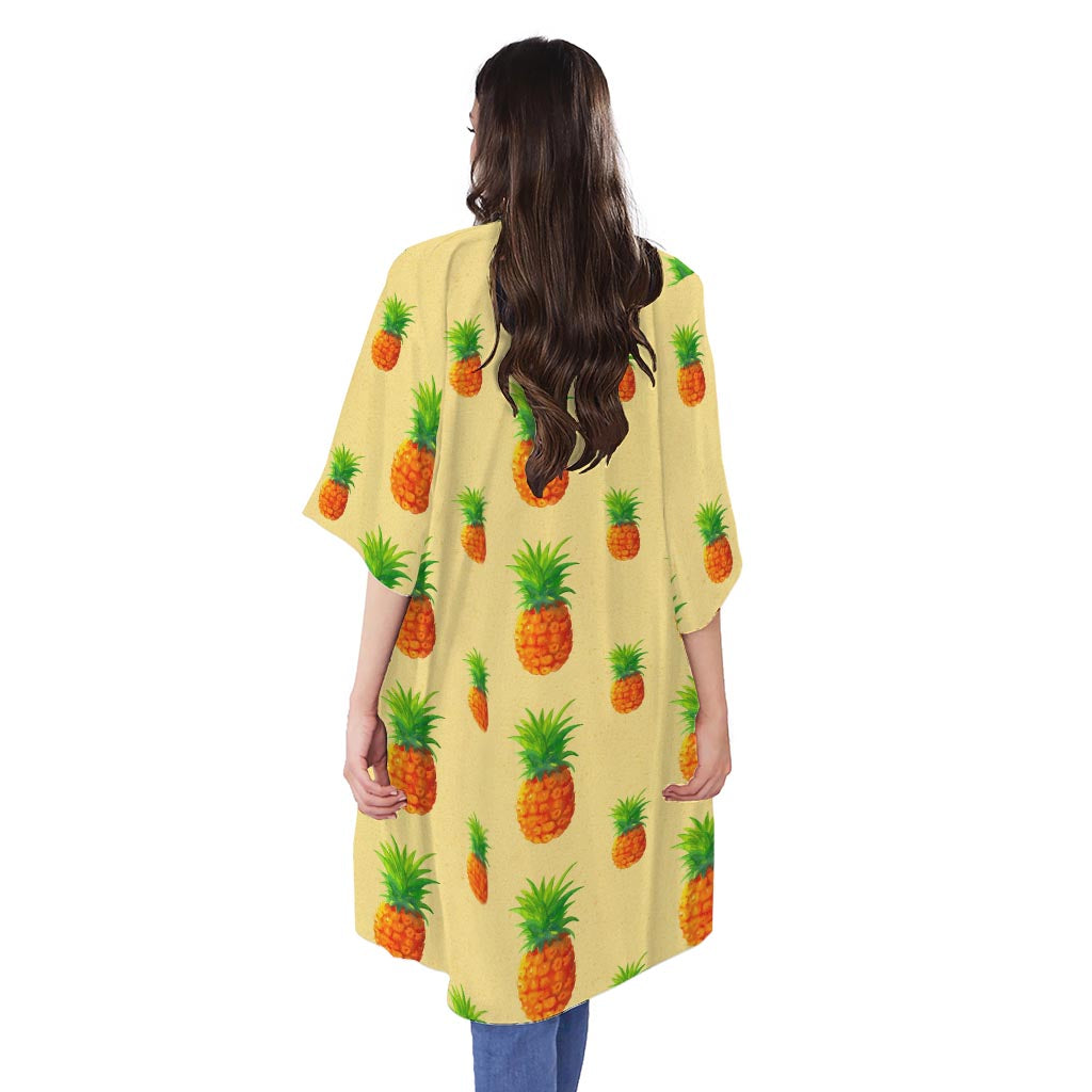 Beige Watercolor Pineapple Pattern Print Open Front Beach Cover Up