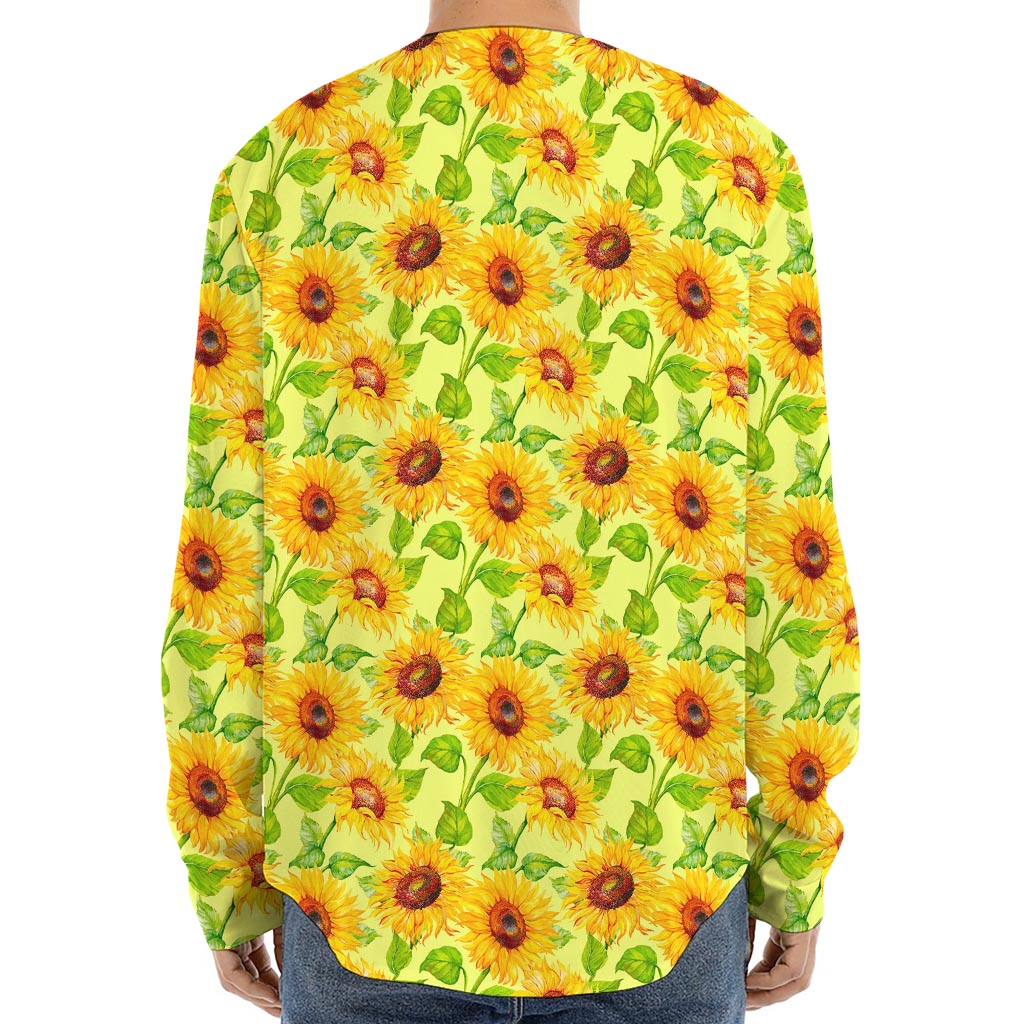 Beige Watercolor Sunflower Pattern Print Long Sleeve Baseball Jersey