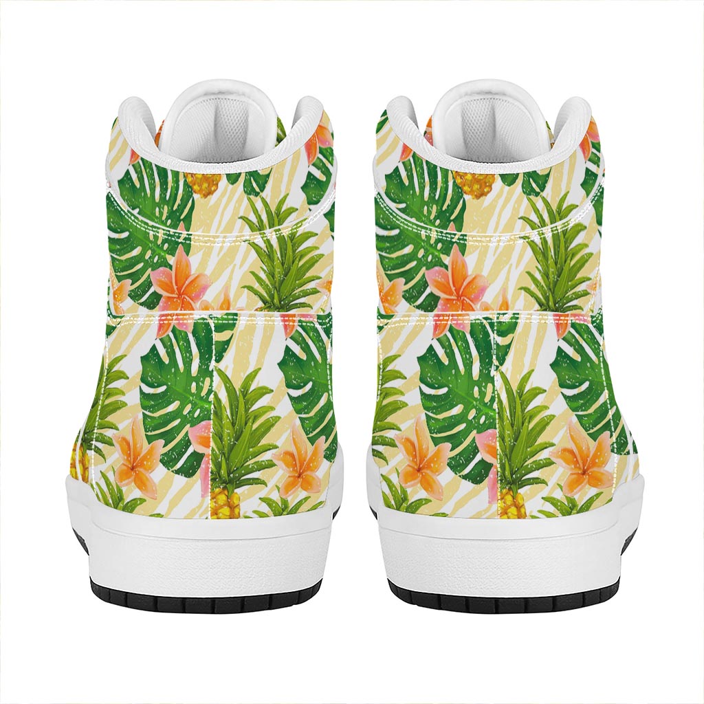 Beige Zebra Pineapple Pattern Print High Top Leather Sneakers