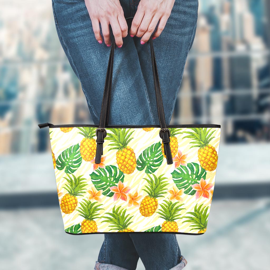 Beige Zebra Pineapple Pattern Print Leather Tote Bag