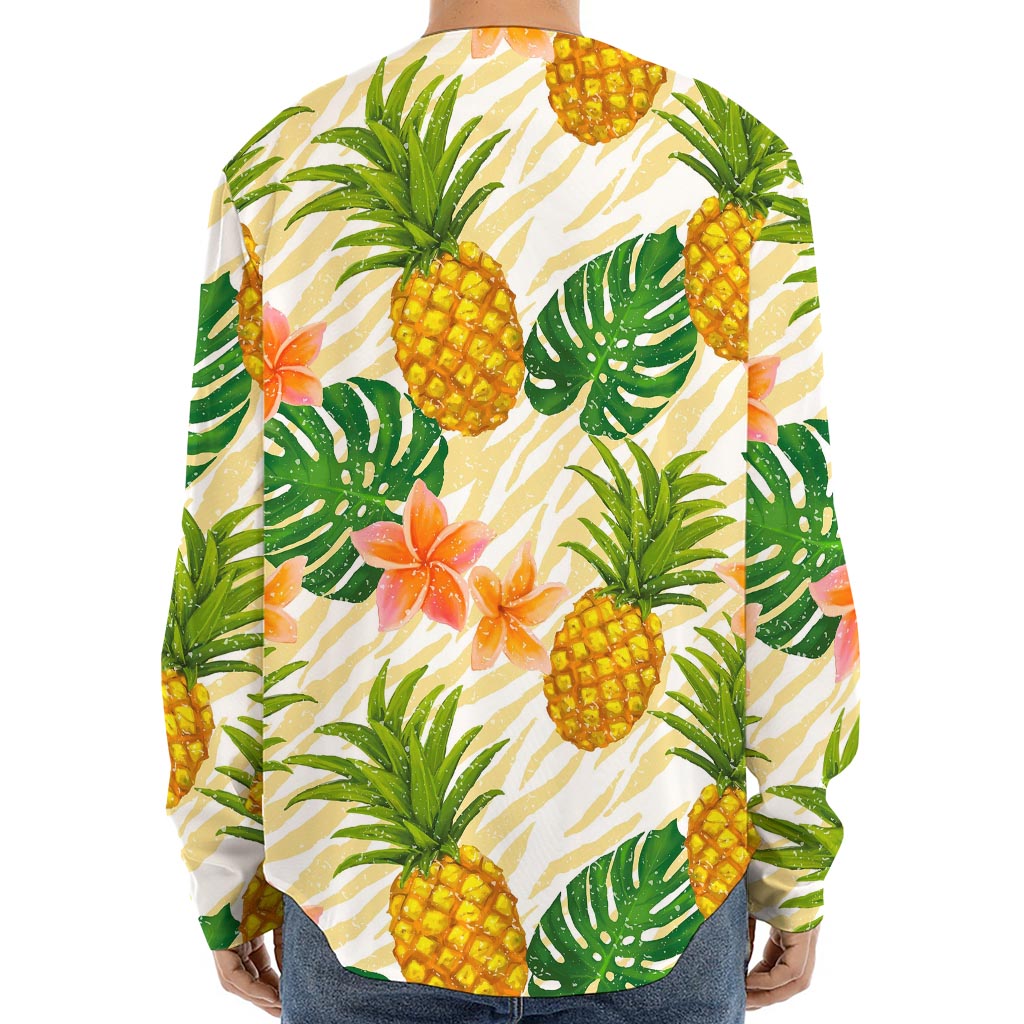 Beige Zebra Pineapple Pattern Print Long Sleeve Baseball Jersey