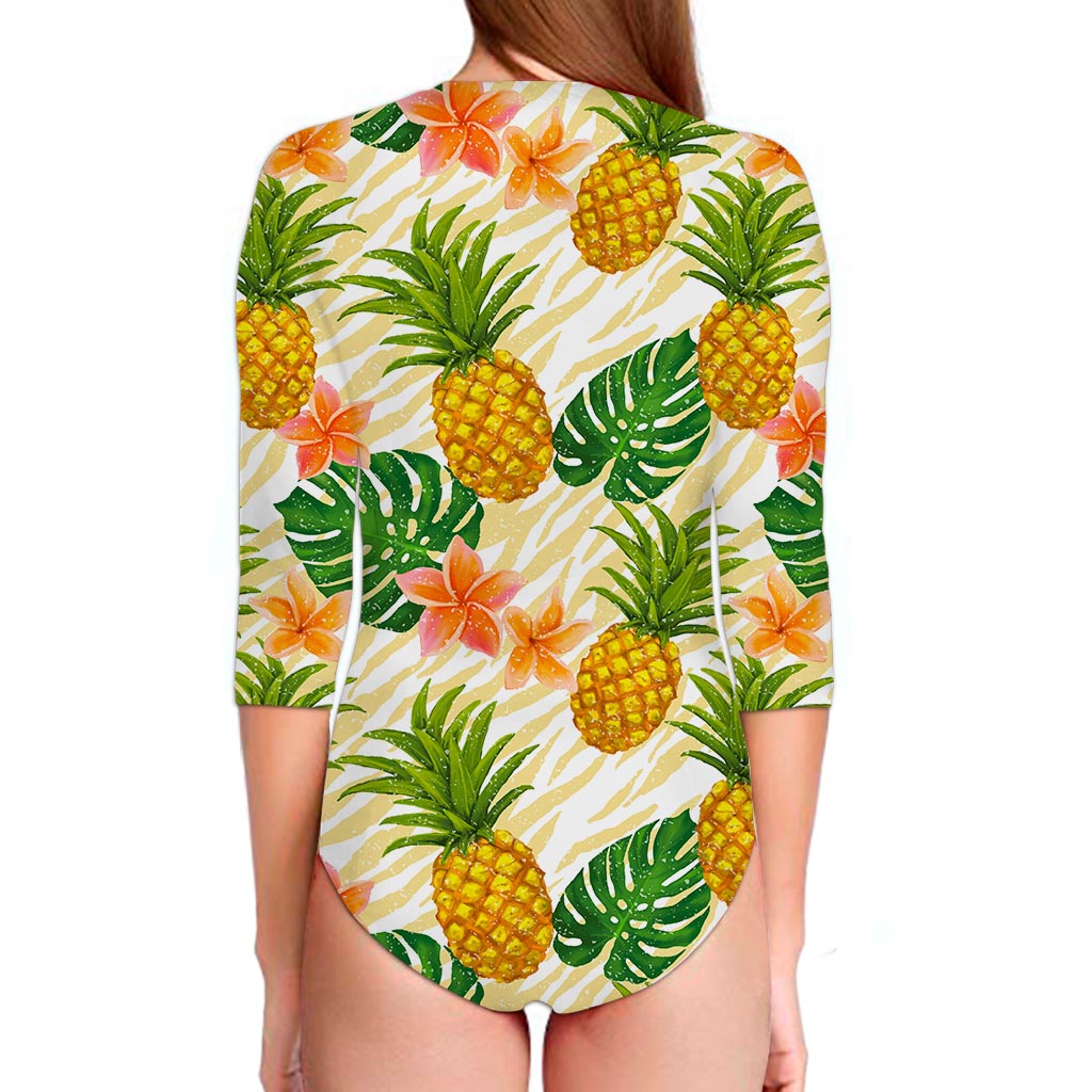 Beige Zebra Pineapple Pattern Print Long Sleeve Swimsuit