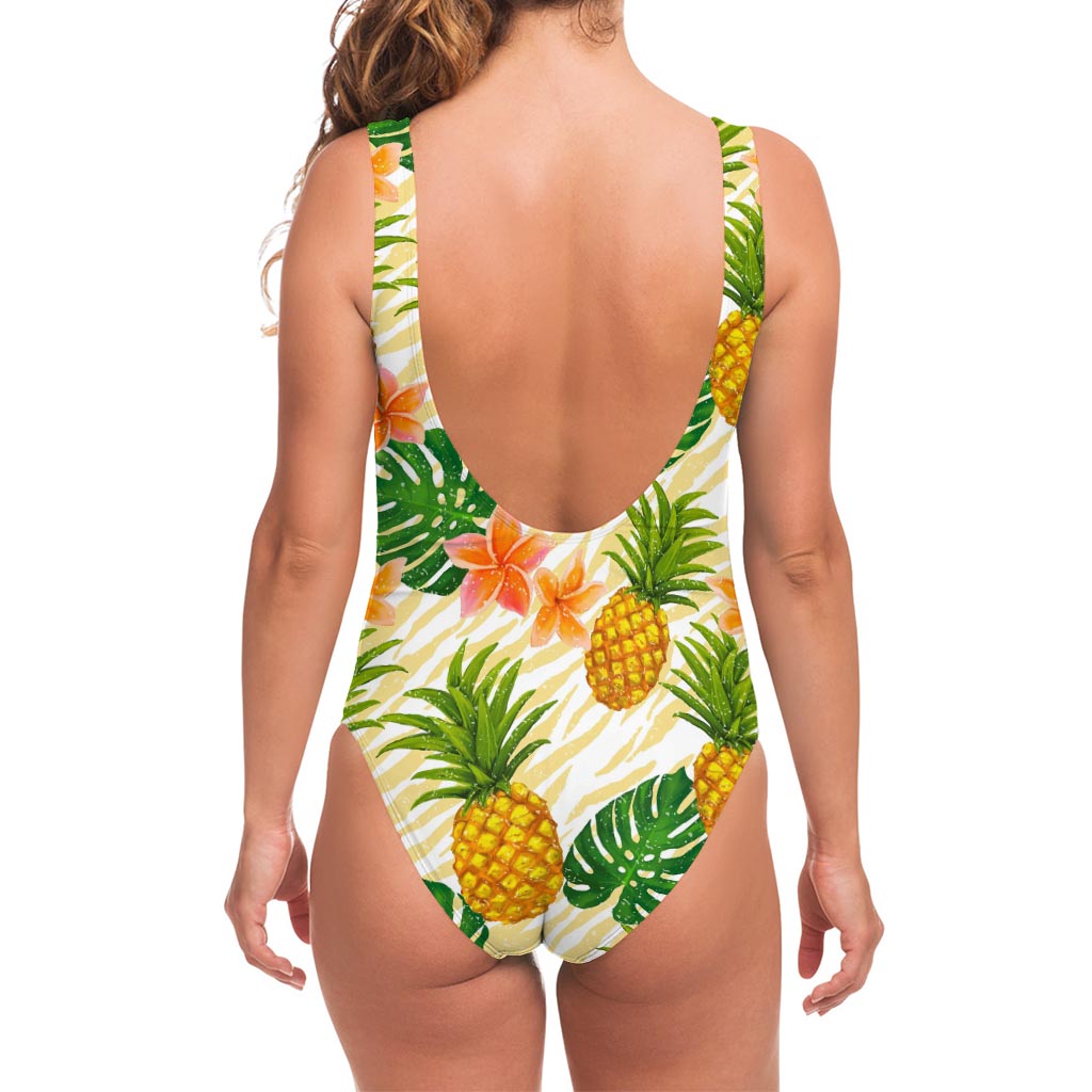 Beige Zebra Pineapple Pattern Print One Piece Swimsuit