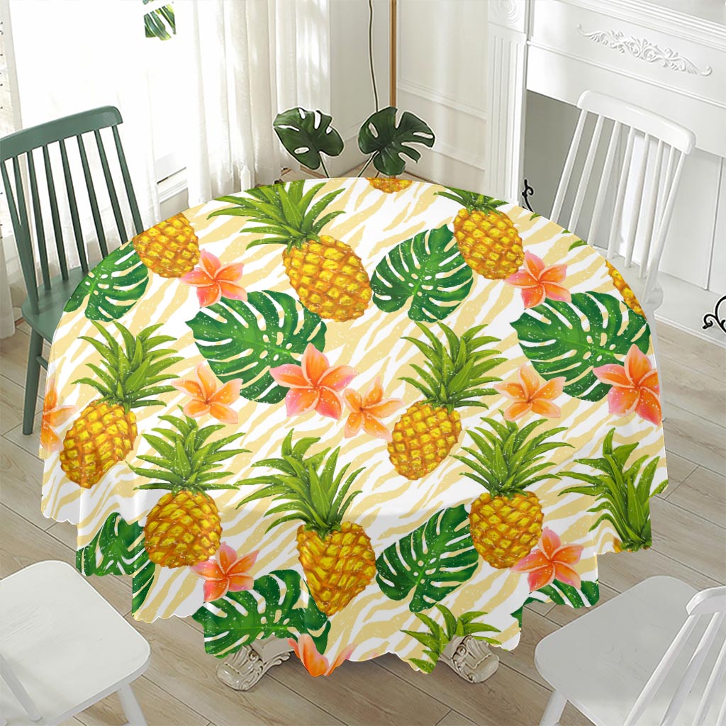 Beige Zebra Pineapple Pattern Print Waterproof Round Tablecloth