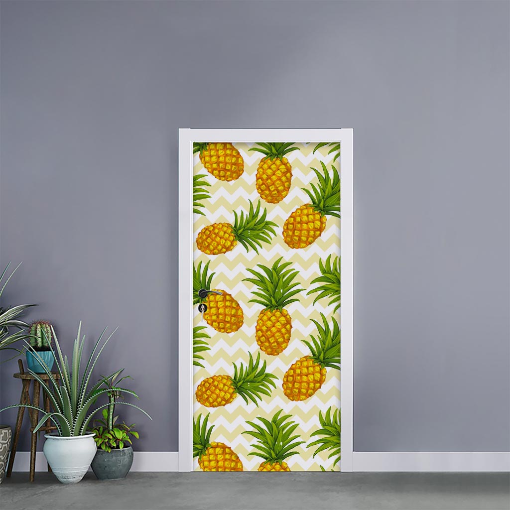 Beige Zig Zag Pineapple Pattern Print Door Sticker
