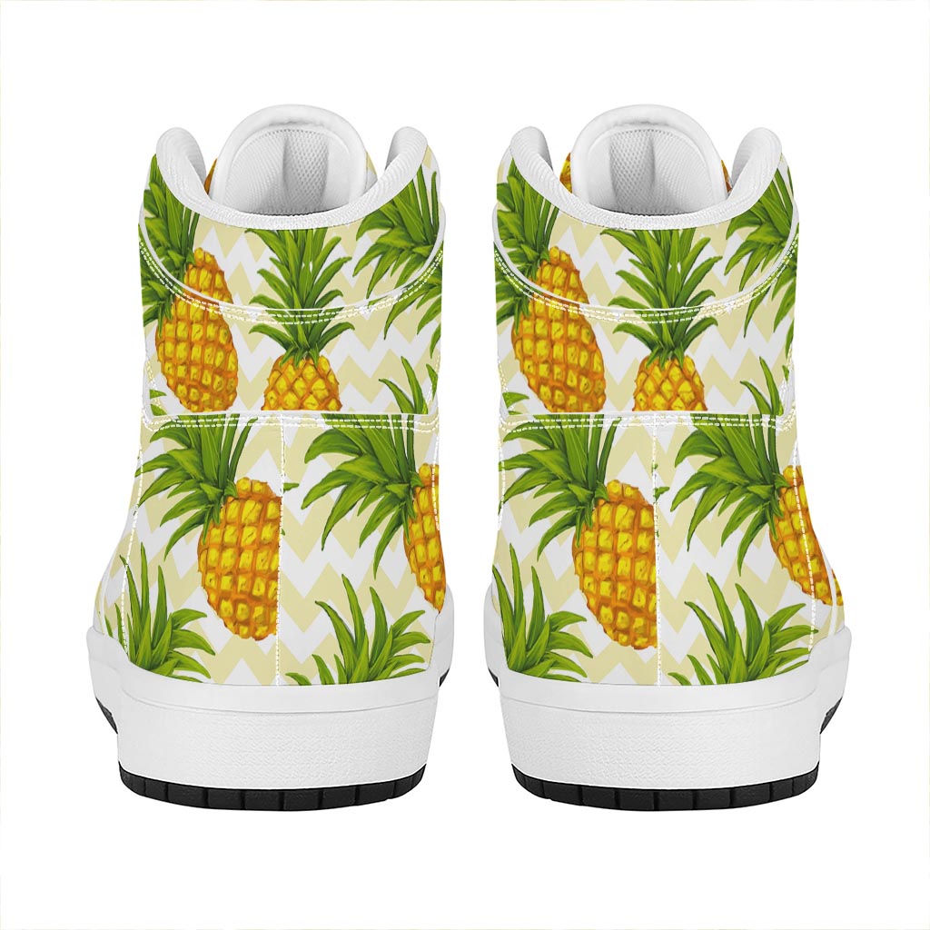 Beige Zig Zag Pineapple Pattern Print High Top Leather Sneakers
