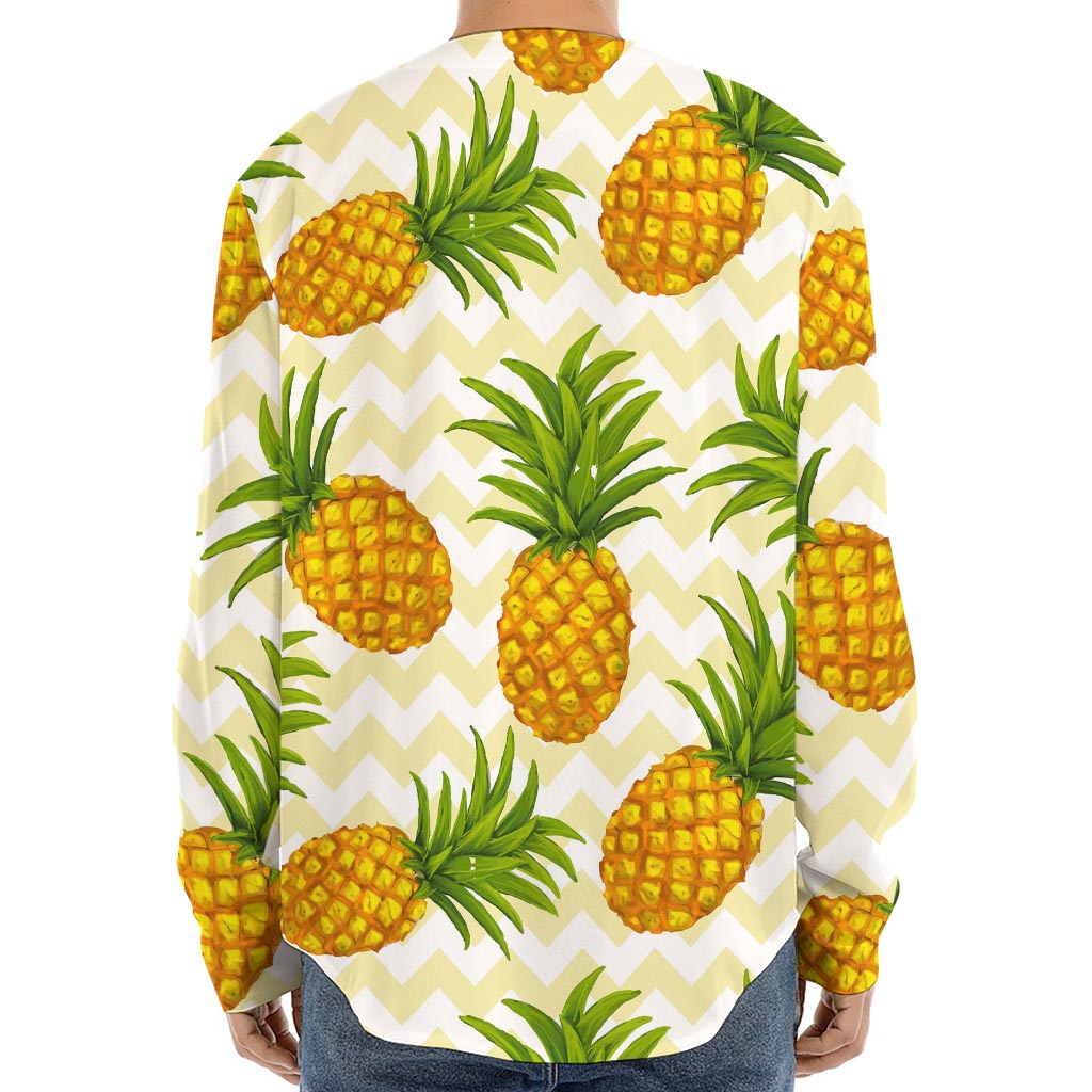 Beige Zig Zag Pineapple Pattern Print Long Sleeve Baseball Jersey