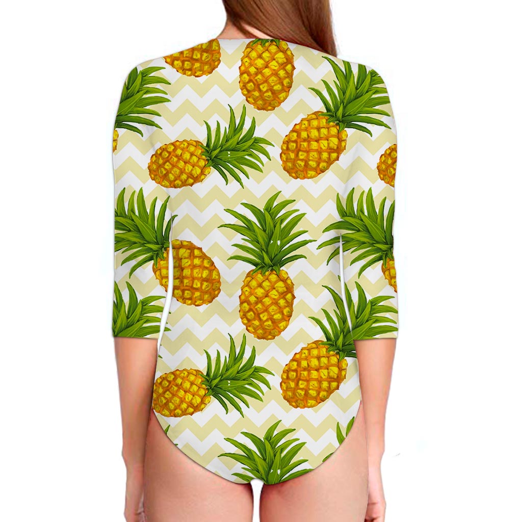 Beige Zig Zag Pineapple Pattern Print Long Sleeve Swimsuit