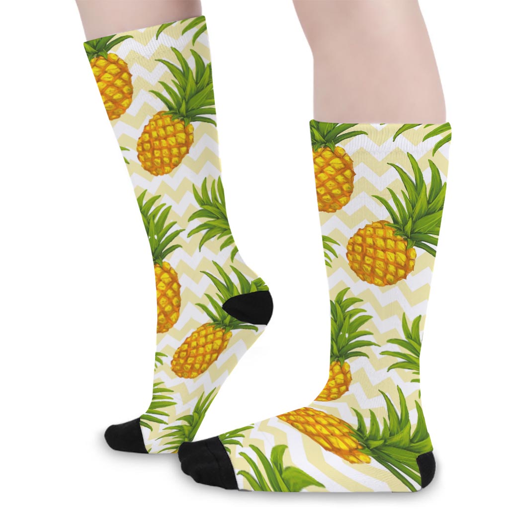 Beige Zig Zag Pineapple Pattern Print Long Socks