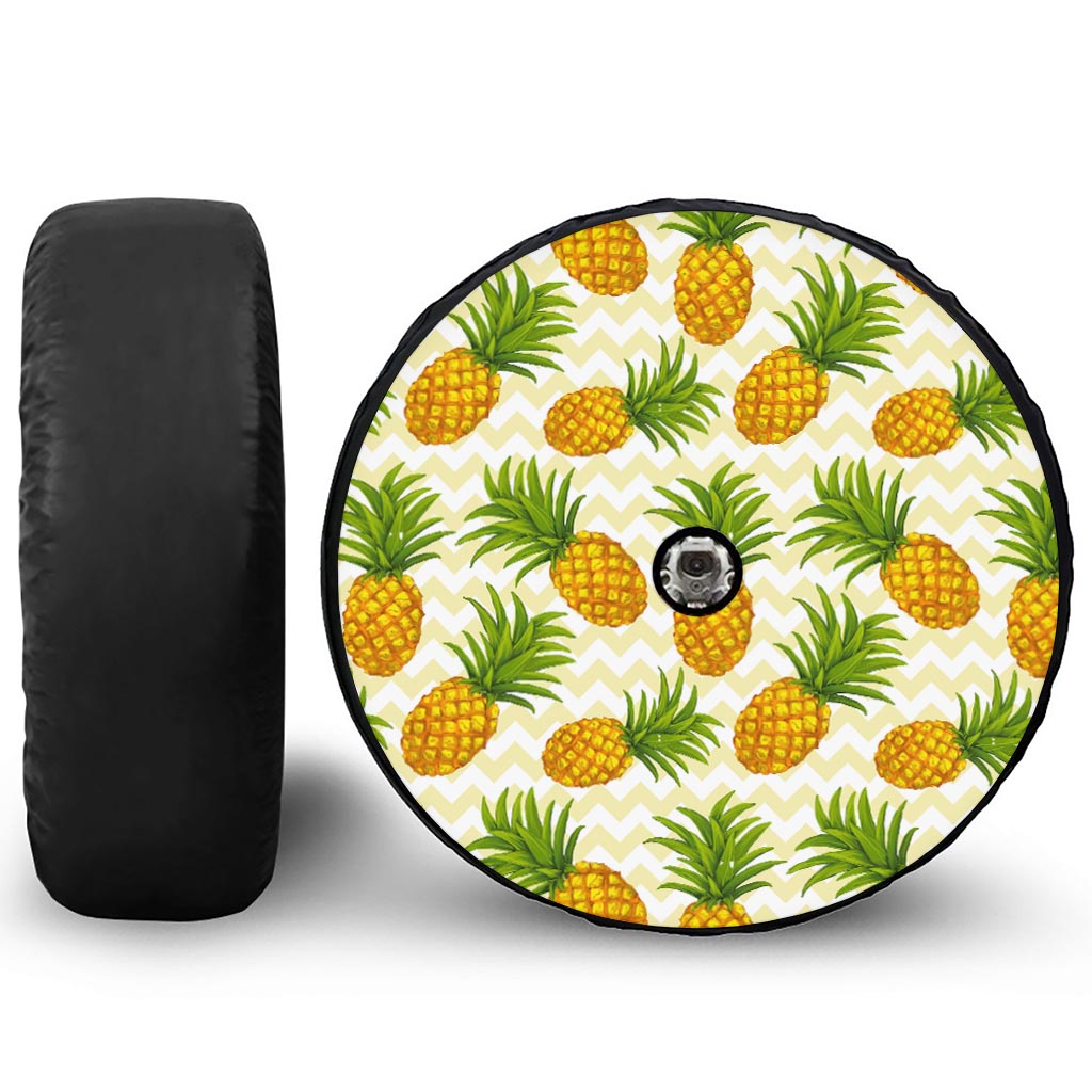 Beige Zig Zag Pineapple Pattern Print Tire Cover With Camera Hole